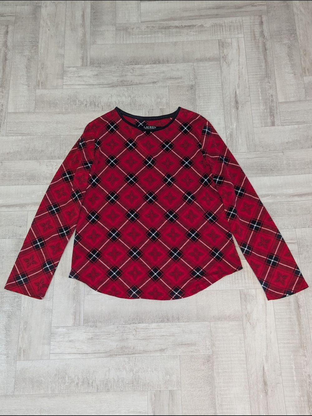Lauren Ralph Lauren Womens M Red Black Plaid Snowflake Long Sleeve Top Holiday